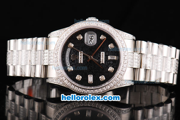 Rolex Day-Date Swiss ETA 2836 Automatic Movement Black Rolex Logo Dial with Diamond Marker and Bezel-Diamond/SS Strap - Click Image to Close